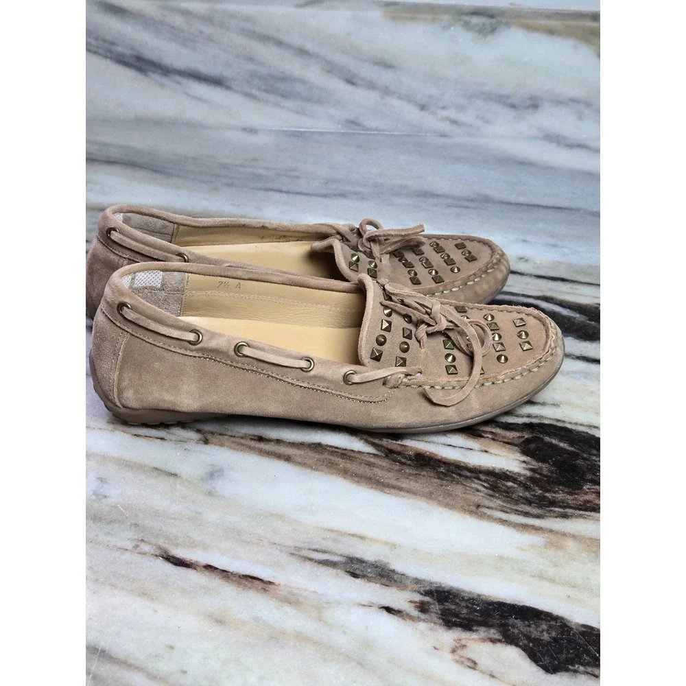 Vaneli Womens 7.5 A‎ Tan Suede Studded Driving Moccasins Loafers Beige Bow Shoes